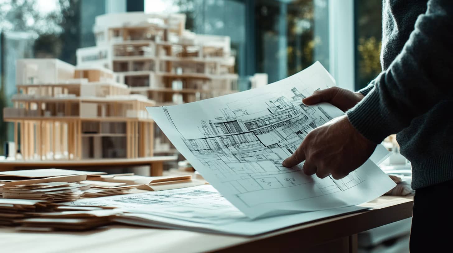 A person examines architectural blueprints on a desk covered with drawings and small building models. The scene is lit softly from large windows in the background, highlighting detailed plans and intricate models of modern structures.
