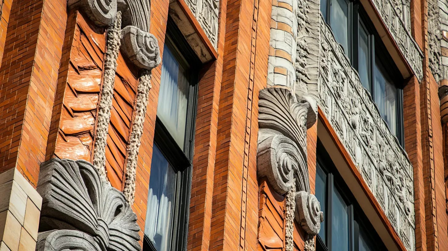 Close-up of a building facade featuring intricate architectural details. Red brick columns with elaborate stone carvings in geometric and floral patterns adorn the structure, highlighting the craftsmanship and design of the exterior.
