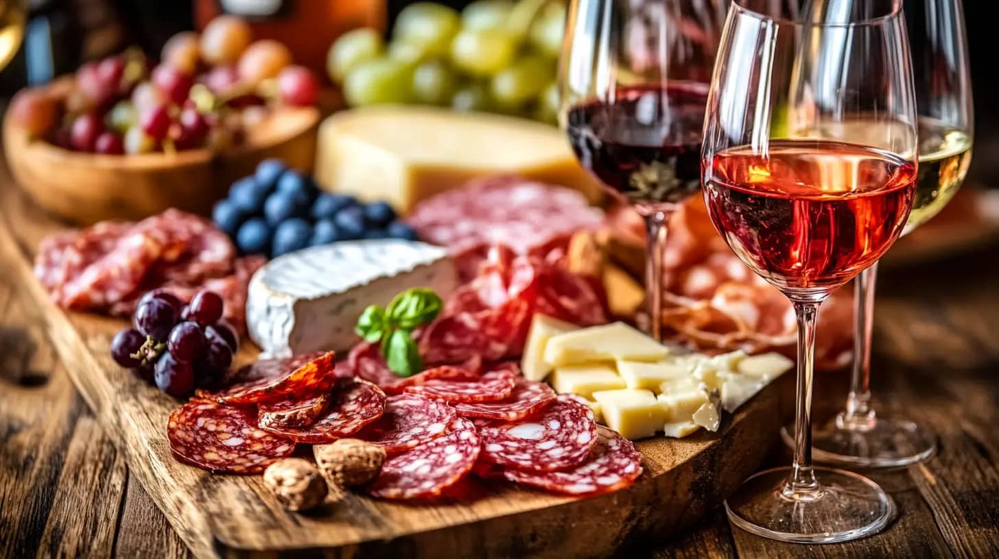 A wooden board filled with sliced salami, various cheeses, grapes, blueberries, and nuts is surrounded by three glasses of red, white, and rosé wine. The background shows more grapes and a soft-focus setting, evoking a cozy, rustic dining atmosphere.