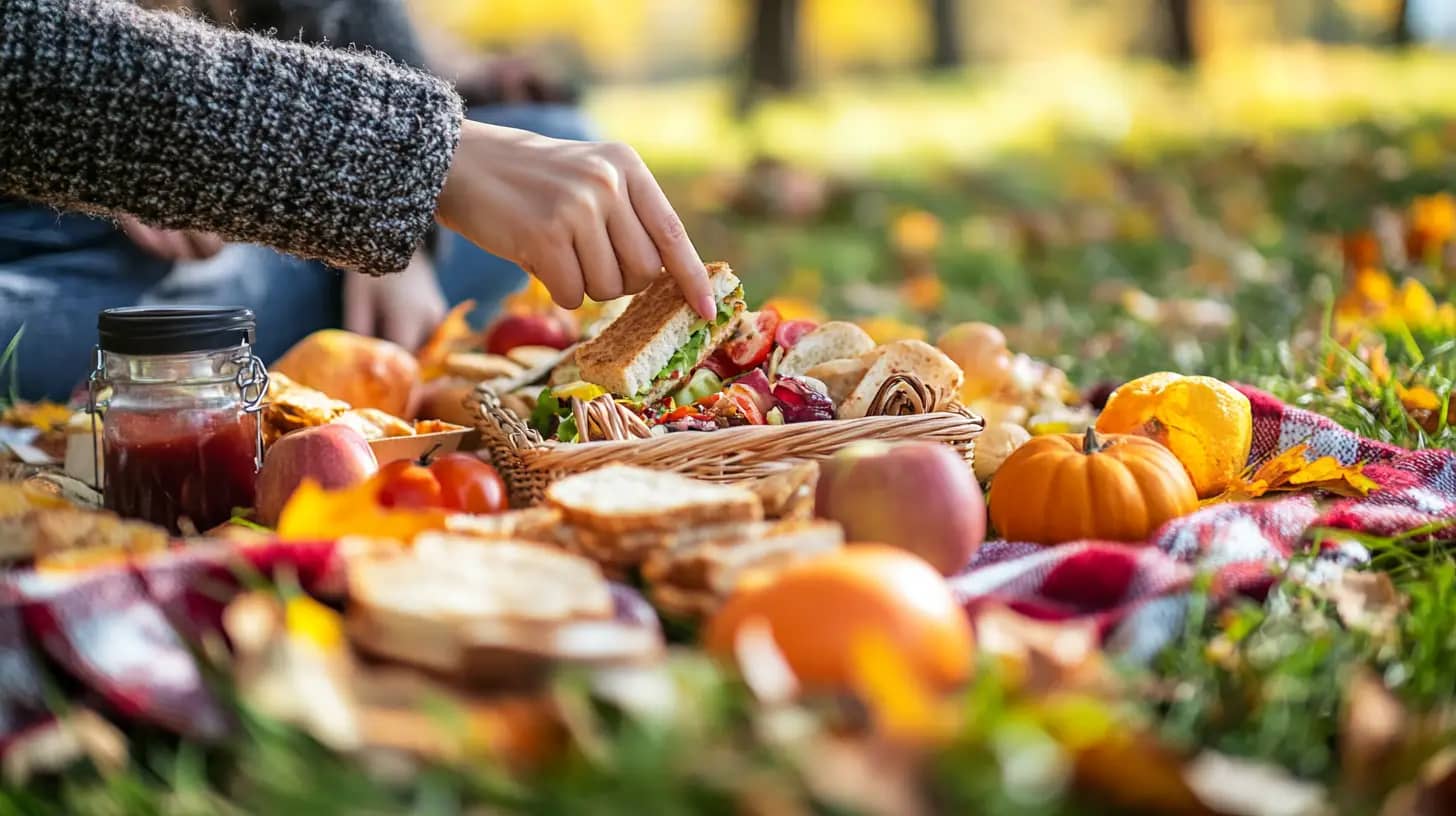 A close-up of a picnic spread on a red checkered blanket set on grass. The image includes sandwiches, fruits, a jar of jam, and small pumpkins. A person’s hand is reaching for a sandwich. Colorful autumn leaves are scattered around.