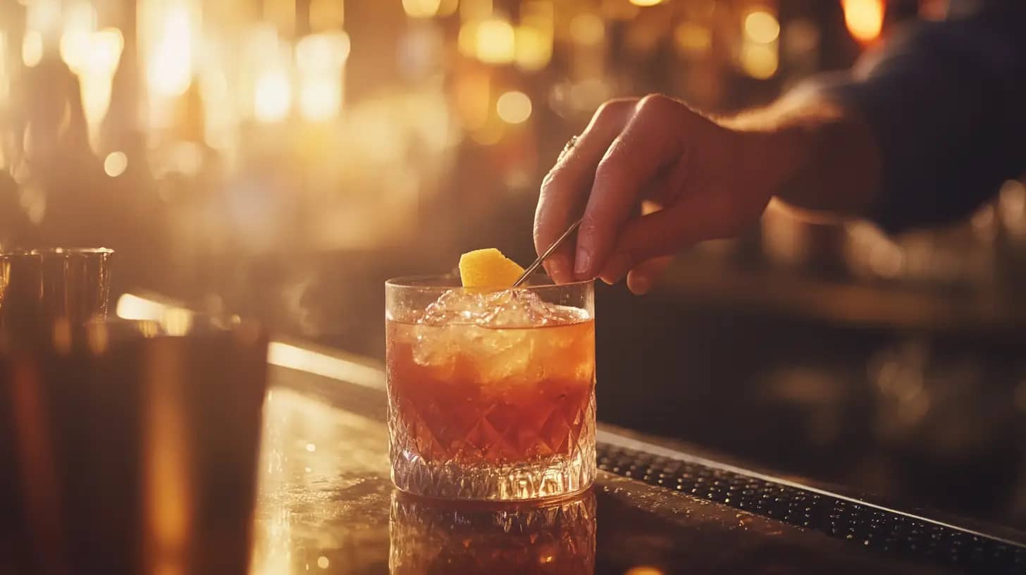 A close-up shot of a hand placing a lemon twist garnish into a cocktail glass filled with an amber drink and ice. The background is softly blurred, showing a warm, inviting bar scene with various bottles and gentle lighting.