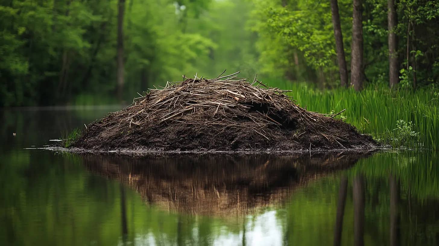 A large beaver lodge made of sticks and mud sits in the middle of a calm pond surrounded by lush green trees and vegetation. The water reflects the lodge and the surrounding scenery, creating a mirror-like effect.