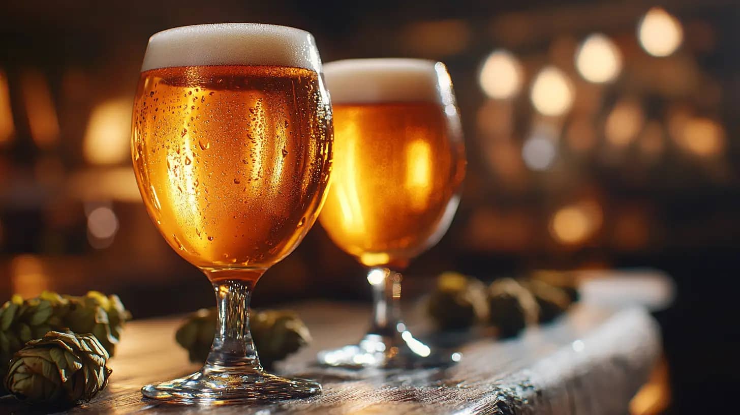 Two glasses of beer with foamy heads sit on a wooden surface. The golden, bubbly liquid is highlighted by warm, ambient lighting. Hops cones are scattered around the base of the glasses, adding to the rustic and inviting scene.