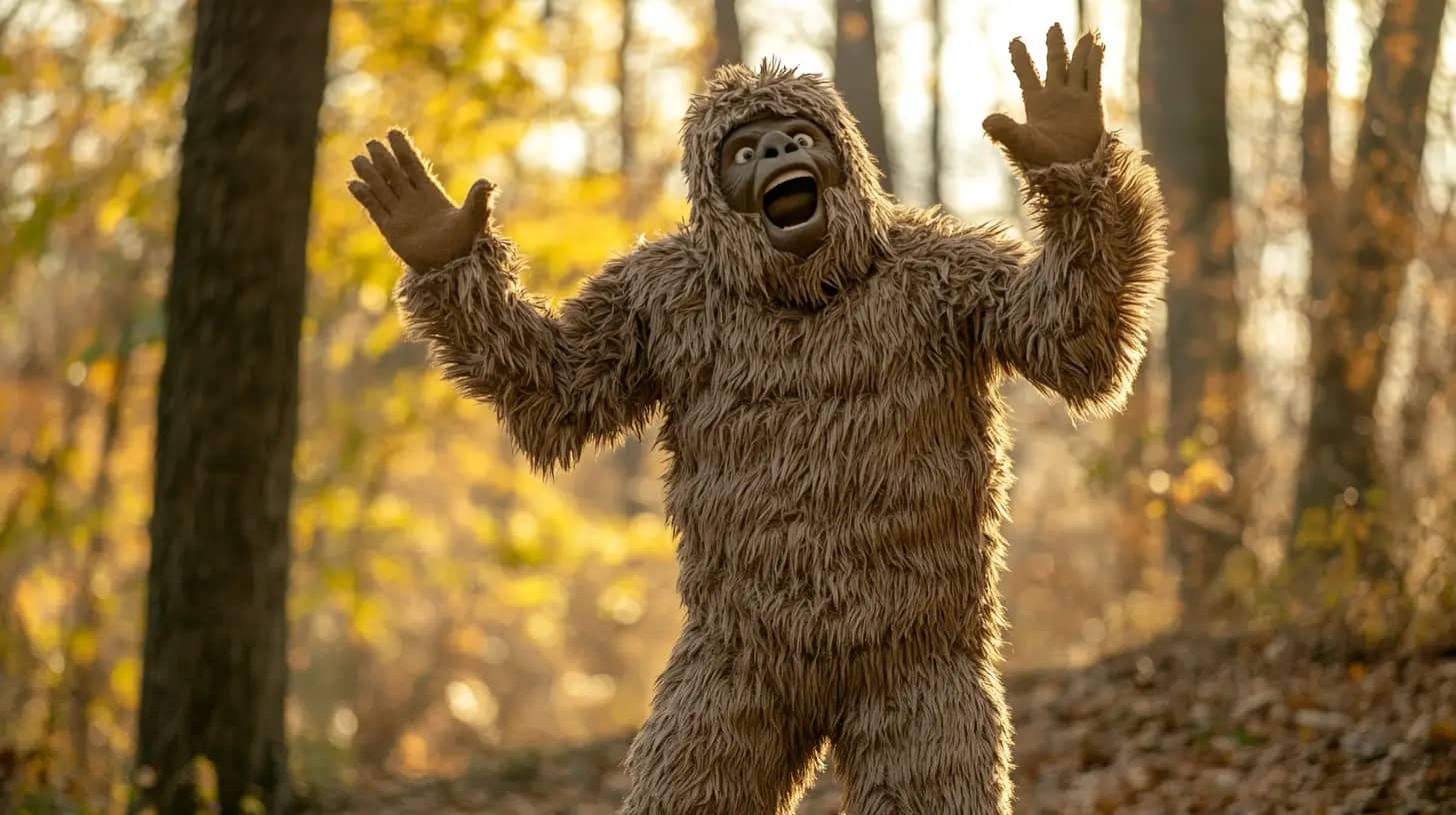 A person in an elaborate, furry Bigfoot costume is standing in a sunlit forest with arms raised. The costume is detailed with long, brown hair and the person is posing with an exaggerated expression of surprise or excitement.