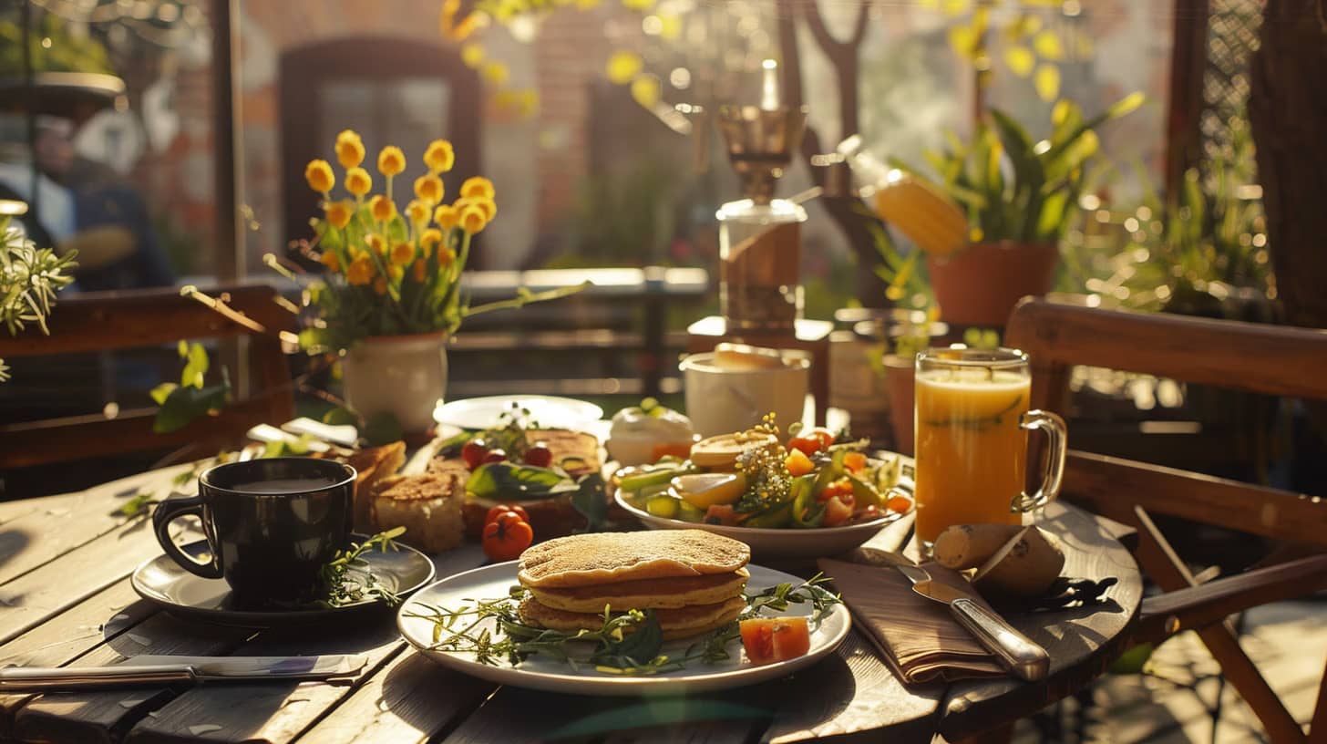 A sunlit outdoor table is set with a breakfast spread, including pancakes, fresh vegetables, sliced bread, two cups of coffee, a glass of orange juice, and a yellow flower arrangement in a vase. A green plant and other garden elements are visible in the background.