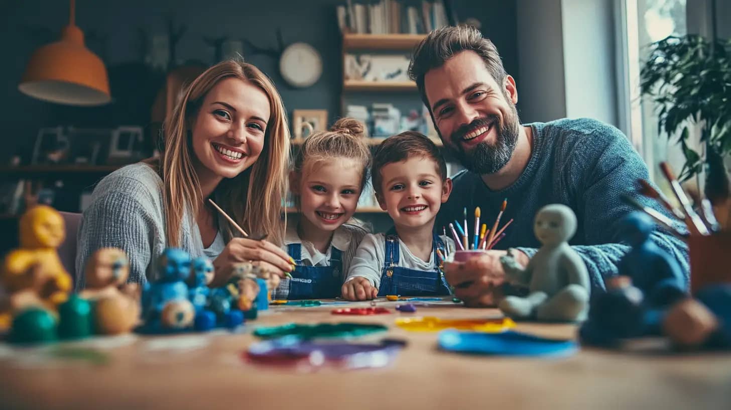 A smiling family of four, consisting of a man, woman, and two children, are sitting at a table engaging in a creative art activity. The table is covered with art supplies, including paint, brushes, and clay figures. A cozy, well-lit room with books and decor is in the background.