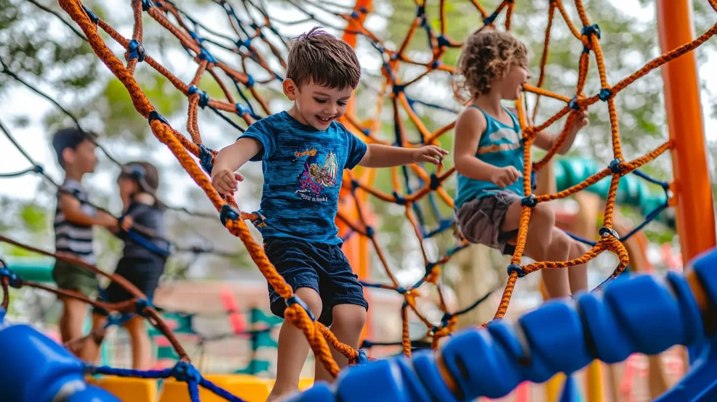 Children are playing on a colorful rope climbing structure in a playground. A boy in a blue shirt is at the center, carefully navigating the ropes. Other children are climbing and interacting in the background, enjoying the outdoor play activity. Trees and playground equipment are visible.