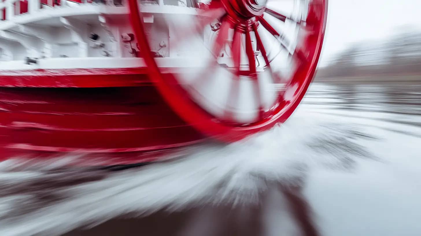 A close-up of a red and white paddlewheel of a steamboat in motion, creating splashes and ripples in the water. The background is slightly blurred, emphasizing the movement and speed of the paddlewheel.