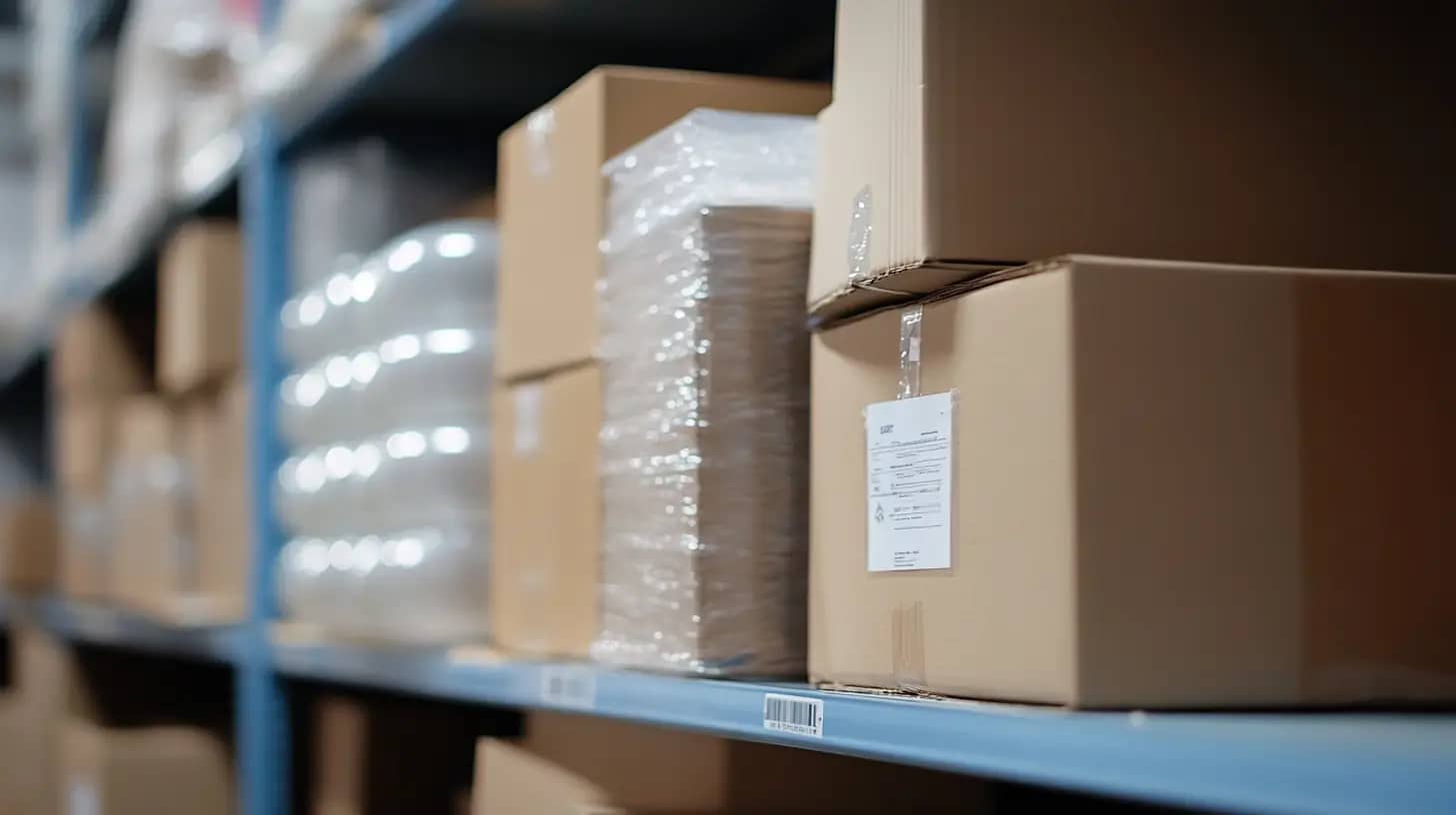 Cardboard boxes and stacks of wrapped goods are organized on metal shelves in a warehouse setting. The image is focused on a group of boxes, with labels and barcodes visible, indicating a systematic storage environment.