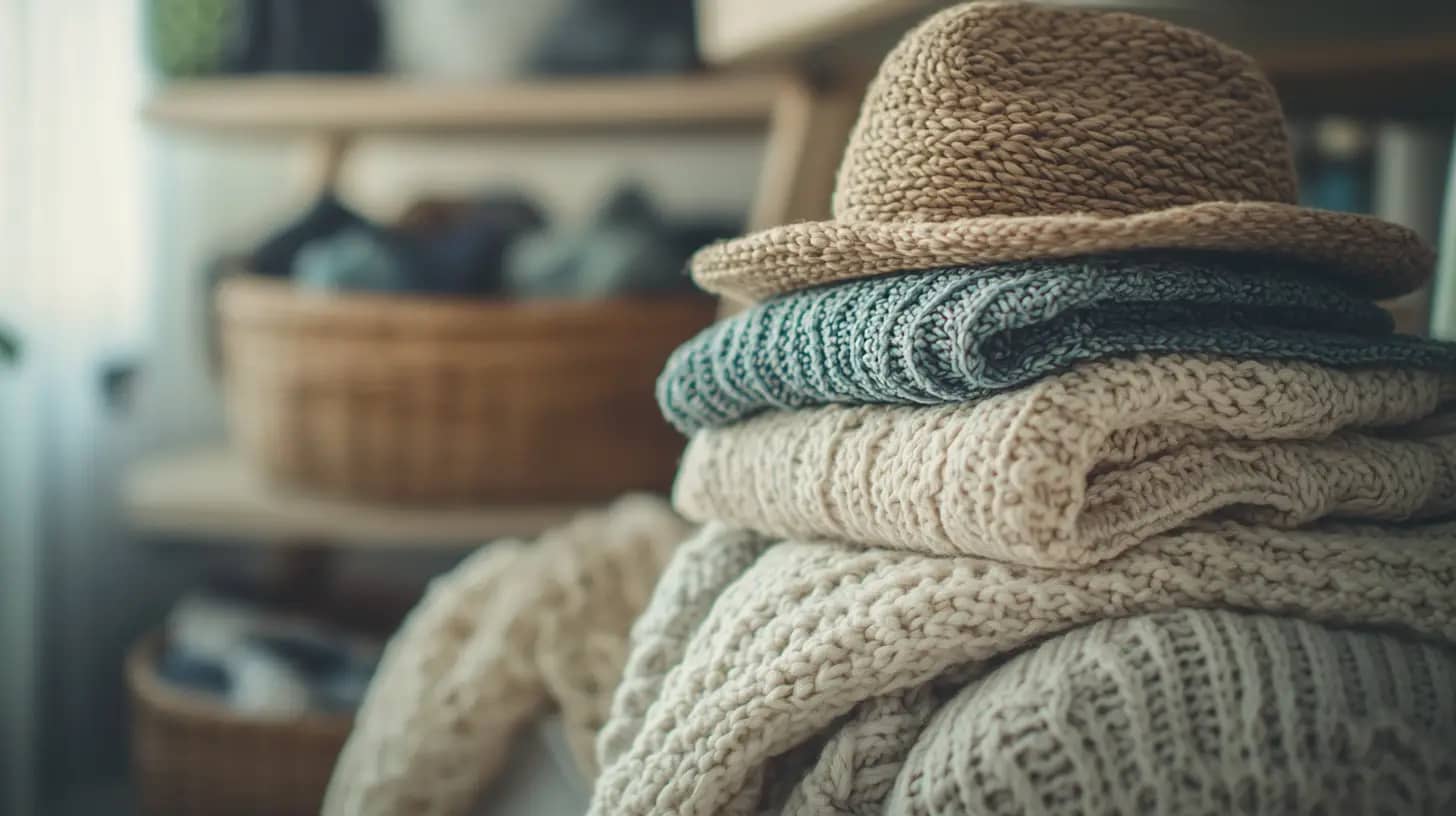 A stack of folded, cozy knit sweaters in shades of cream and grey, topped with a woven straw hat. In the blurred background, wicker baskets and shelves filled with more knitted items create a warm, inviting atmosphere.