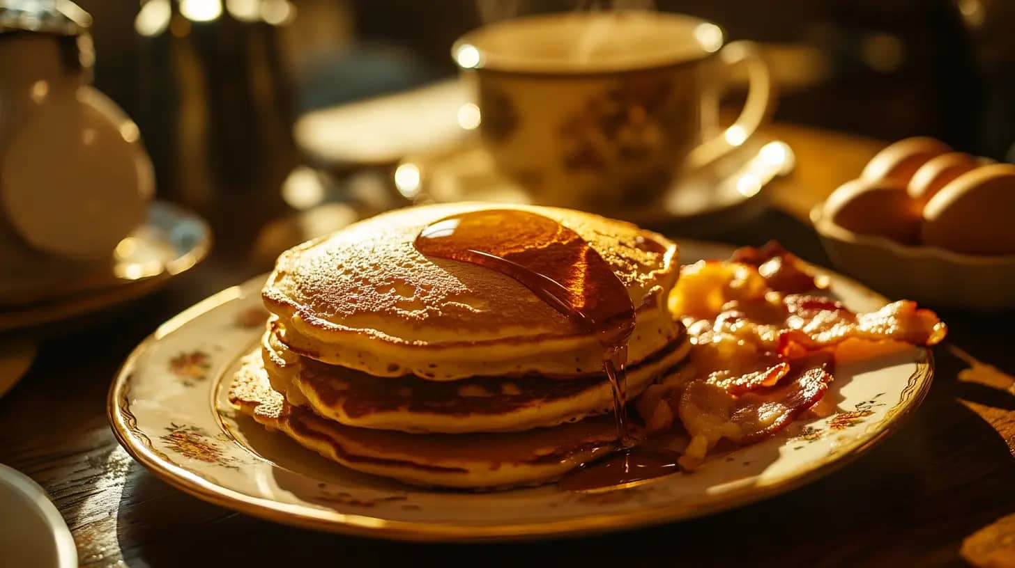 A plate with a stack of pancakes drizzled with syrup, accompanied by crispy bacon and a small serving of scrambled eggs. The meal is set on a wooden table with a teacup, sugar dispenser, and sunlight streaming in from the background.