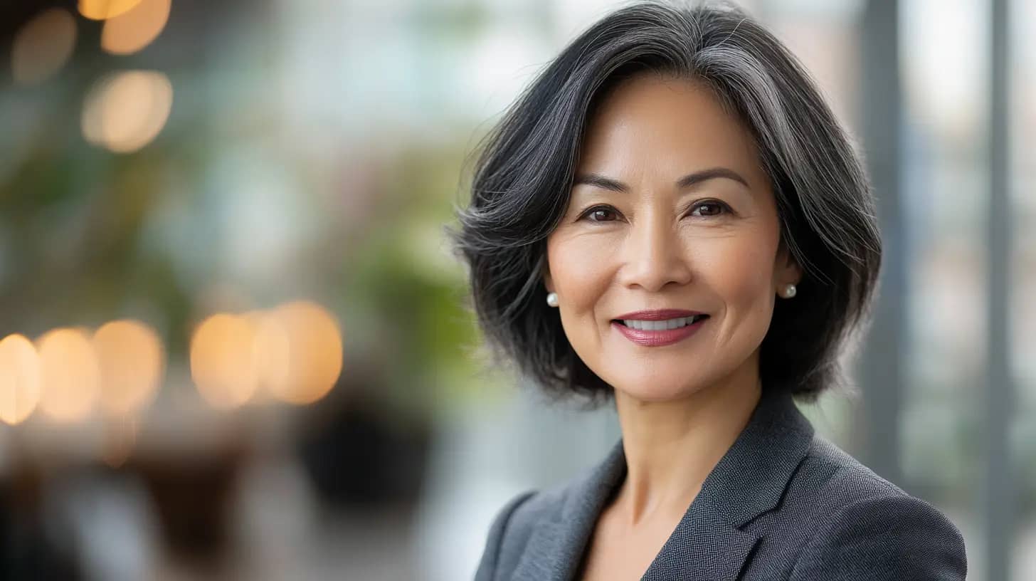 A middle-aged woman with short, gray hair and a confident smile is wearing a gray suit and pearl earrings. She stands in a well-lit, stylish indoor setting with blurred lights and greenery in the background, creating a professional and inviting atmosphere.