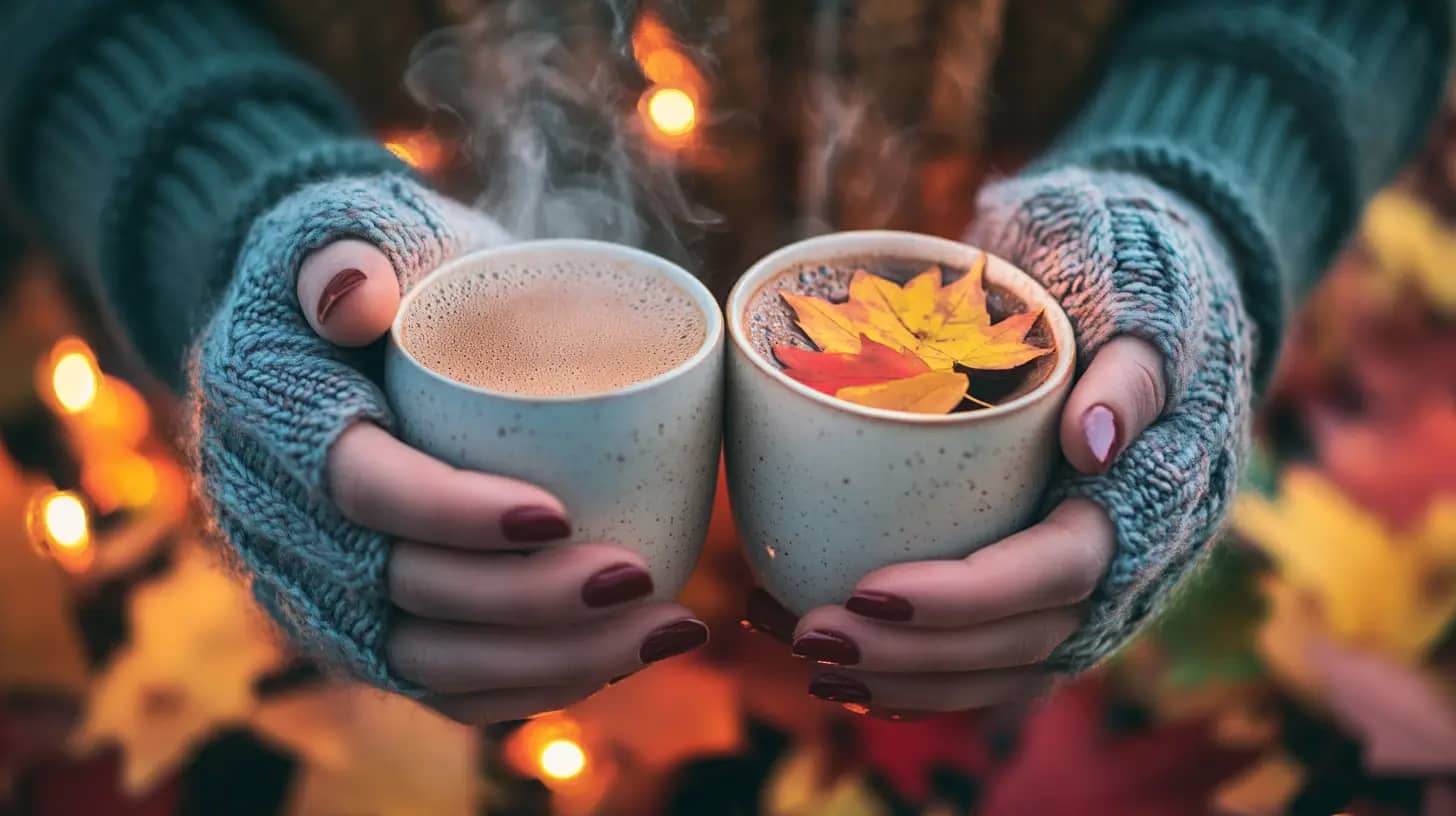 Close-up of two hands in gray woolen fingerless gloves holding ceramic cups. One cup contains hot chocolate, and the other has a hot beverage topped with autumn leaves. Soft glowing lights are in the background, with colorful fallen leaves scattered around.