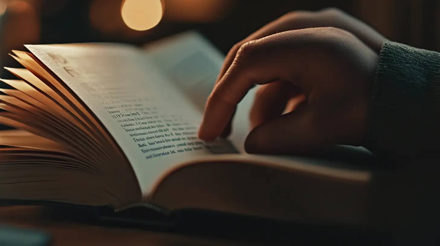A close-up image of a hand gently flipping through the pages of an open book. The scene is warmly lit, giving a cozy and relaxed ambiance. Text on the book pages is partially visible but not readable. A blurred background adds to the serene atmosphere.