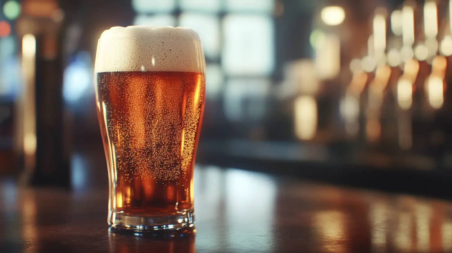 A tall glass of amber beer with a frothy head sits on a wooden bar top. The background is blurred, showing taps and a warm, cozy bar atmosphere.