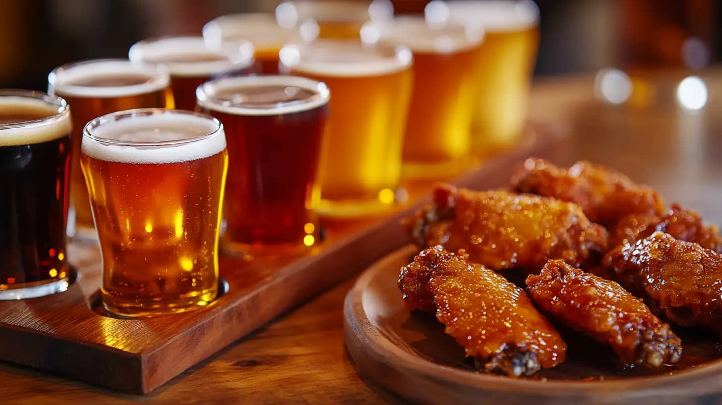 A wooden tray with an assortment of beer glasses filled with various types of beer is placed next to a wooden plate piled with glazed chicken wings. The background is slightly blurred, focusing attention on the food and drinks.