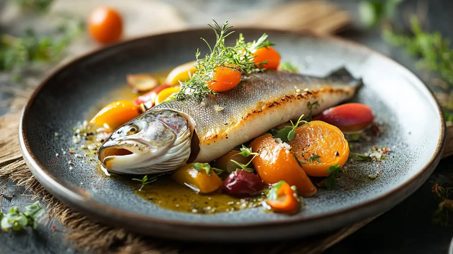 A plate with a beautifully garnished whole fish, topped with fresh herbs. Surrounding the fish are vibrant slices of yellow and red tomatoes, and green herbs, all drizzled with a light sauce. The dish is presented on a rustic wooden surface.