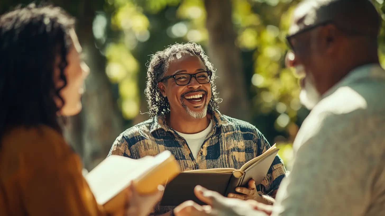 Three people are joyfully interacting outdoors in a sunlit setting. The central person, wearing glasses and a striped shirt, is holding a book and laughing. The other two, partially visible, are engaging in the conversation, also holding books.