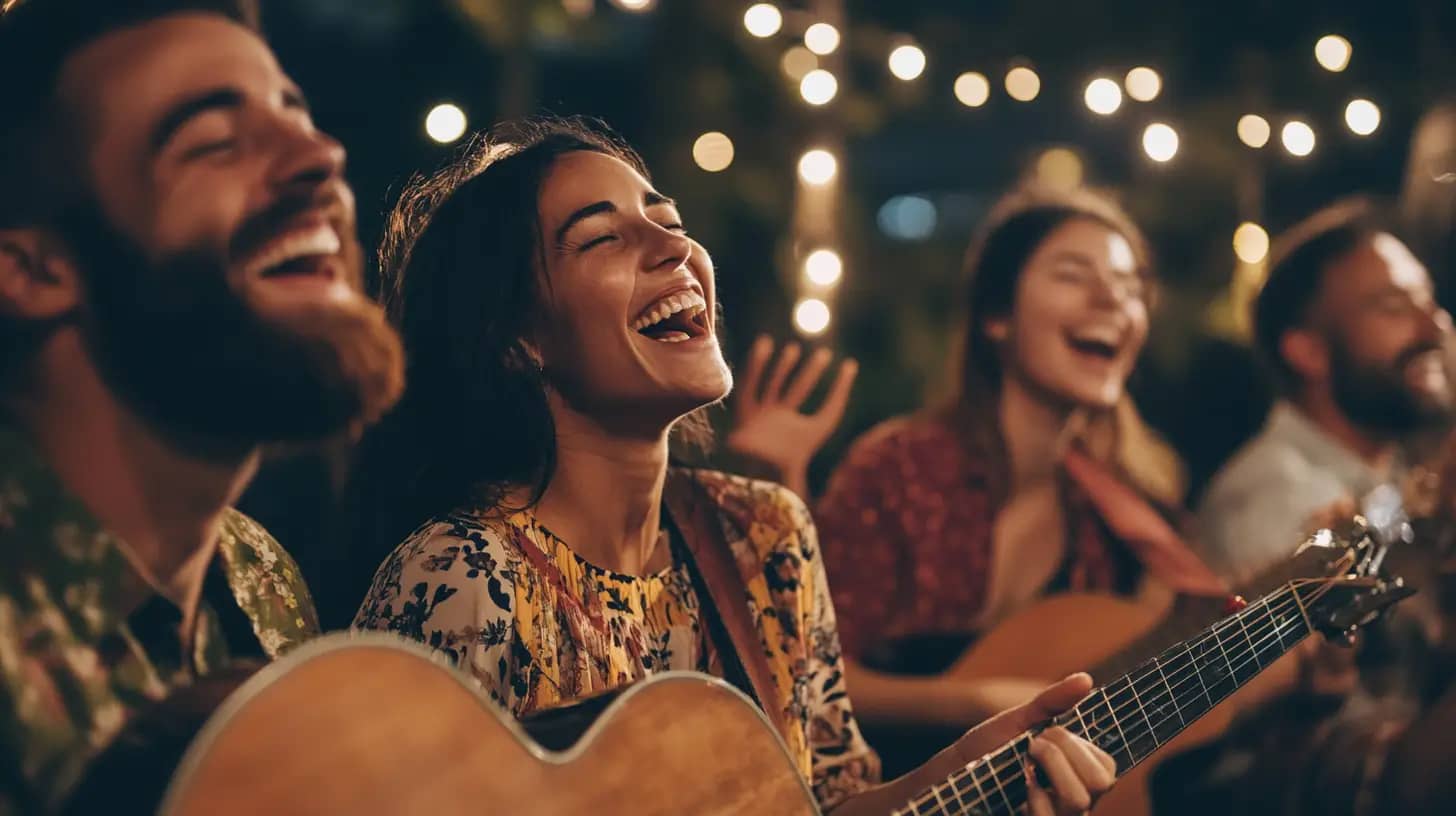 A group of people with guitars laugh and sing together outdoors at night, surrounded by a warm ambiance created by hanging string lights. Everyone appears to be enjoying themselves, creating a joyful and cheerful atmosphere.