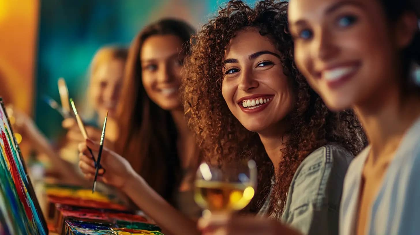 A group of four women sits closely together, smiling and holding paintbrushes, as they engage in a painting activity. One woman in the foreground holds a glass of white wine. The background is colorful and blurred, suggesting a lively and creative atmosphere.
