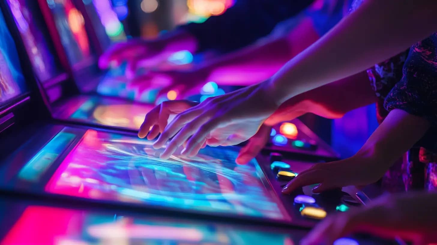 Close-up of people playing on arcade game machines with colorful, glowing screens and buttons. The vibrant lights reflect on their hands, creating an immersive, energetic atmosphere. The image captures the excitement and engagement of the players.