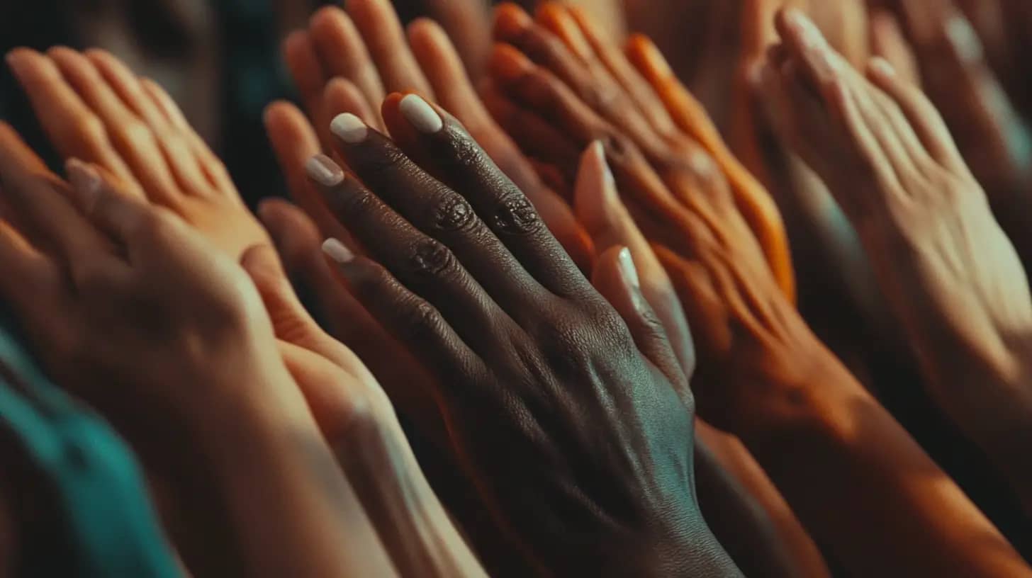 A close-up of multiple hands of varying skin tones clapping together, displaying unity and diversity. The image captures the hands from different angles, highlighting the details of the fingers and the textures of the skin.