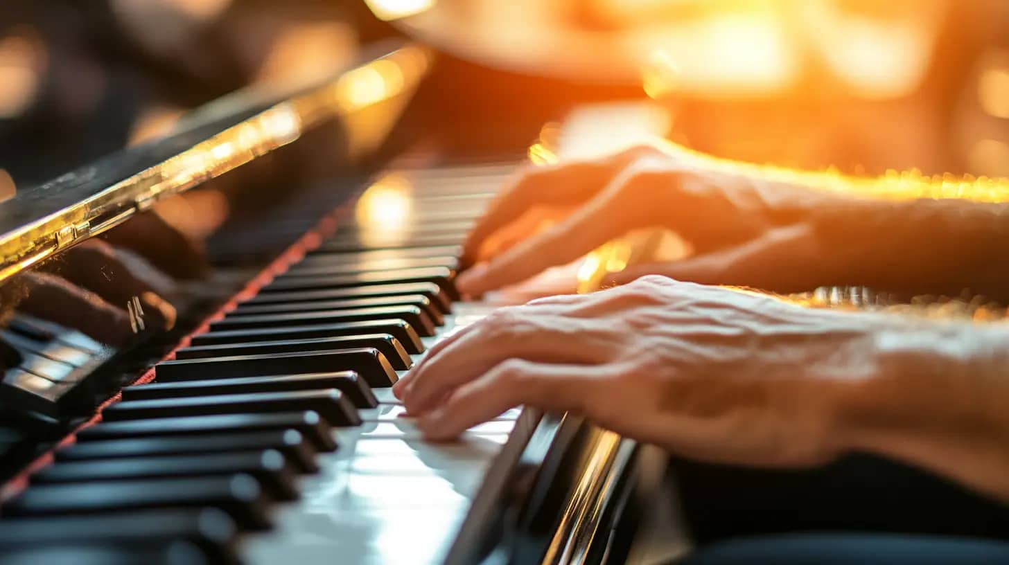 Close-up of a person's hands playing a piano under warm, golden sunlight. The fingers are pressing the black and white keys, with a blurred background emphasizing the serene and melodic atmosphere of the scene.