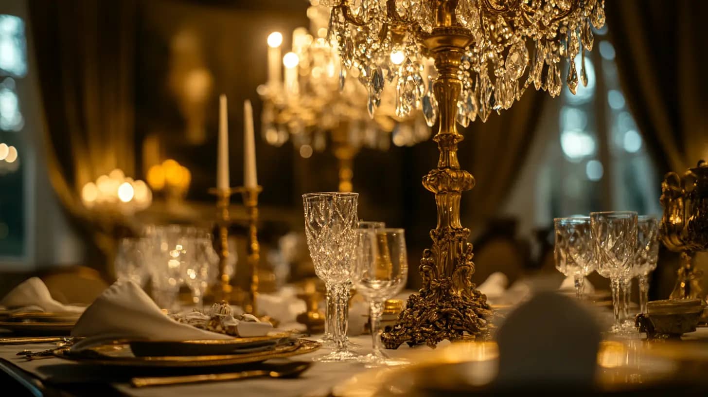 A lavishly set dining table adorned with ornate crystal chandeliers, elegant glassware, and lavish golden tableware. Candles add a warm glow, enhancing the luxurious and refined ambiance of the dining experience. The background is softly blurred.
