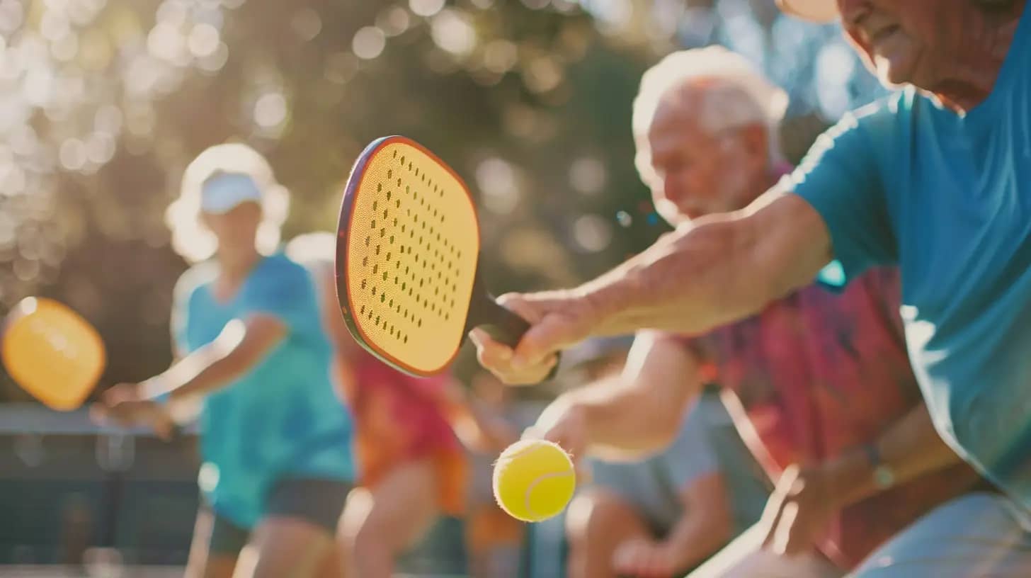 A group of senior adults are outdoors playing pickleball. They are mid-action, with one person in front about to hit a yellow pickleball with an orange paddle. The background is blurred, suggesting motion and a sunny day.