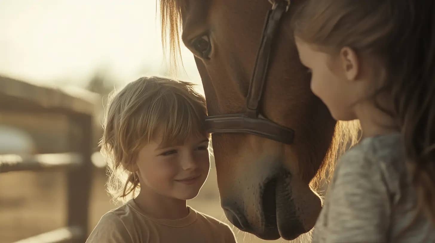 Two young children smiling warmly as they stand close to a brown horse on a sunny day. The horse's head is gently nuzzling the boy, while the girl looks on affectionately. The scene is set outdoors, with wooden fencing visible in the background.
