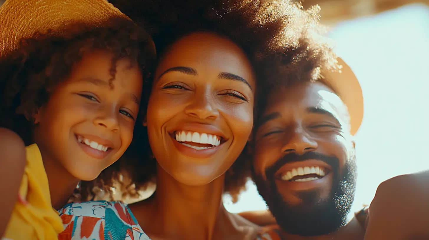 A joyful family of three, including a child and two adults, smile brightly at the camera. They appear to be outdoors, enjoying a sunny day. All are wearing casual, colorful clothing and hats, suggesting a warm, cheerful environment.