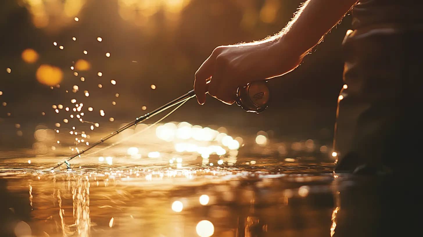 A close-up image captures a person's hand holding a fly fishing rod and line, delicately touching the water's surface. Sunlight filters through, creating a warm, golden glow and illuminating water droplets in mid-air. The scene exudes tranquility and focus.