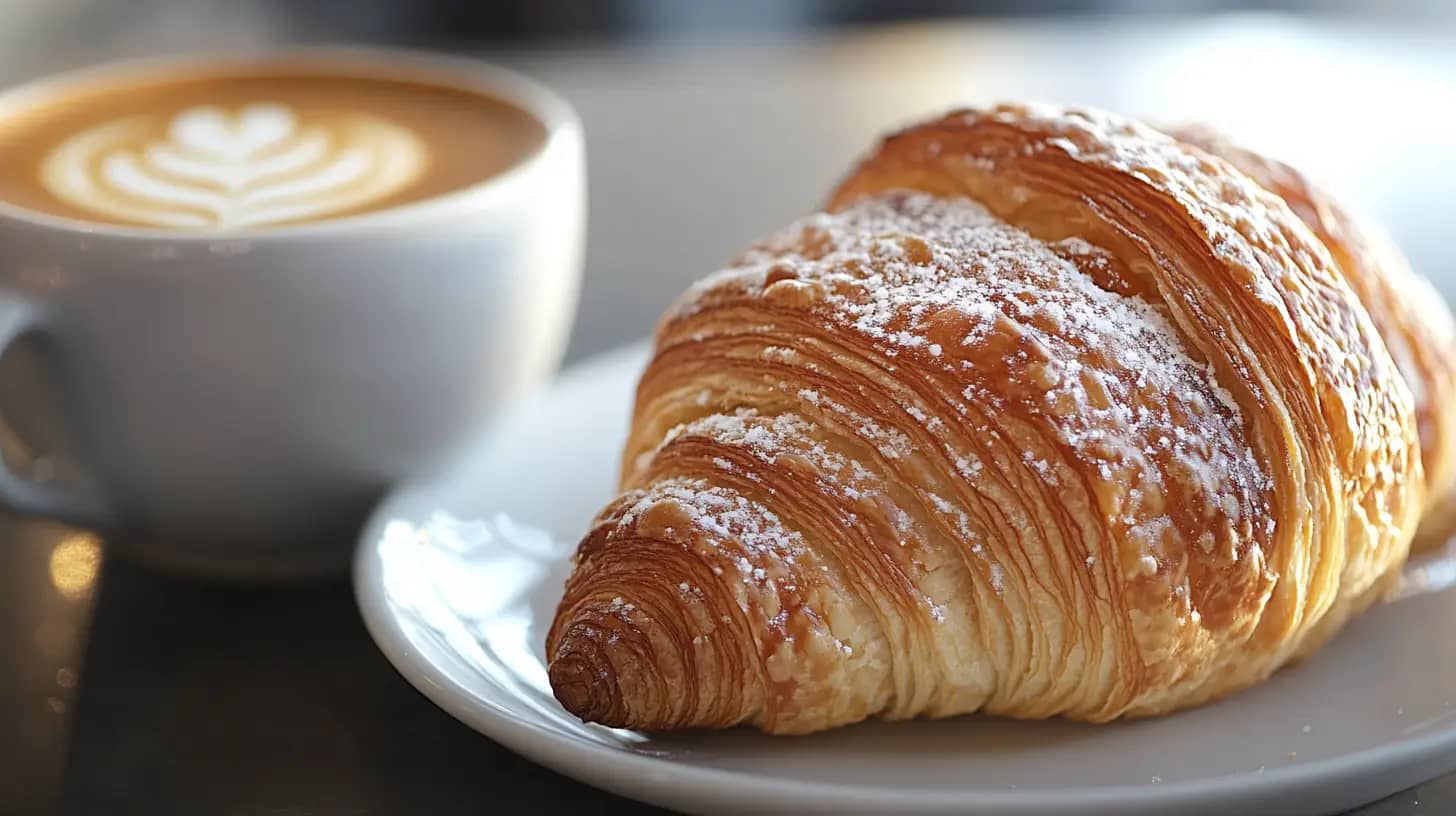 A flaky, golden croissant dusted with powdered sugar sits on a white plate beside a cup of latte with a heart-shaped foam design on top, placed on a dark wooden table.