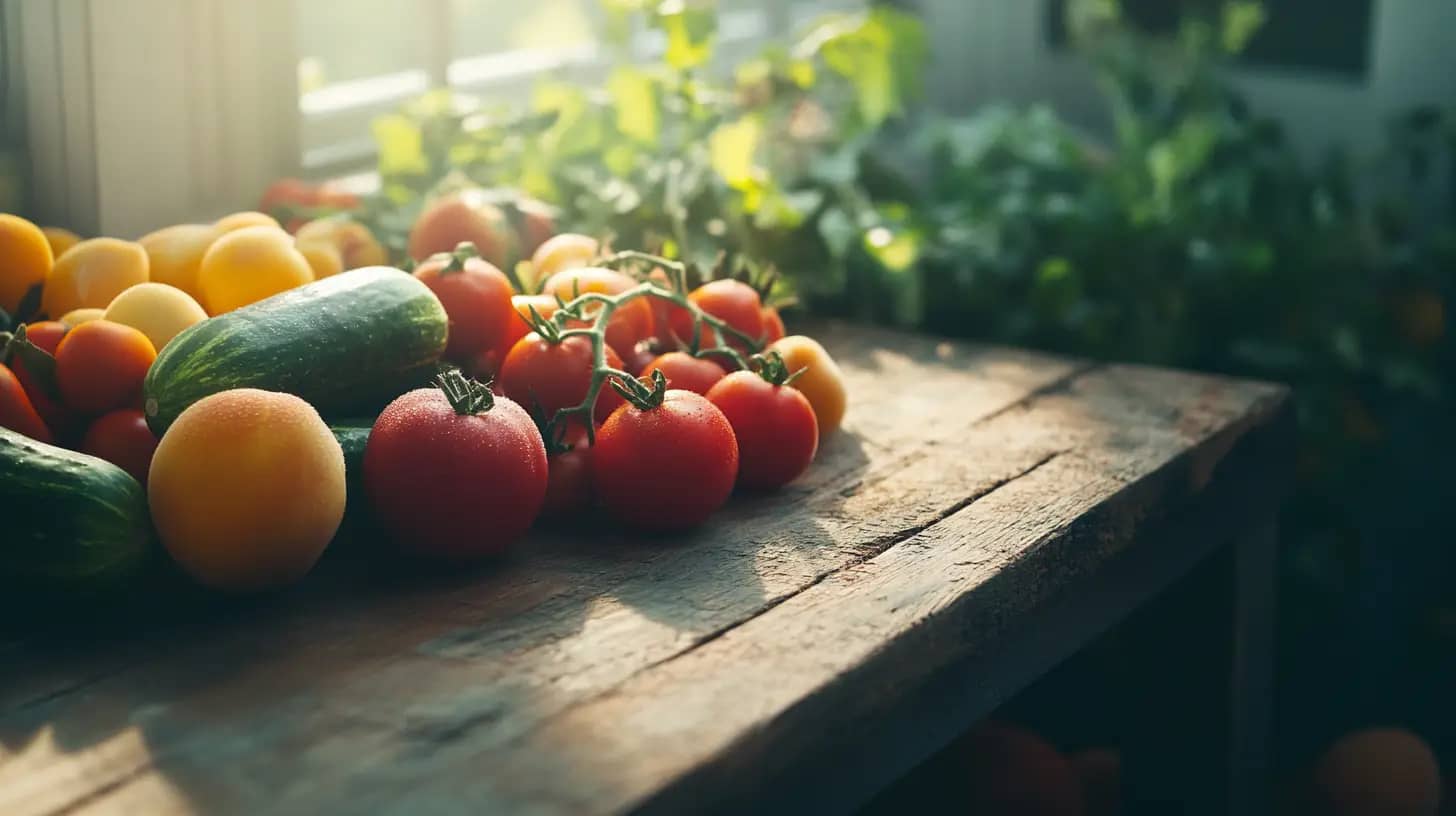 A wooden table is adorned with fresh vegetables, including tomatoes, cucumbers, and squash. The warm sunlight illuminates the scene, casting a gentle glow on the produce. Green foliage is visible in the background, indicating a garden location.