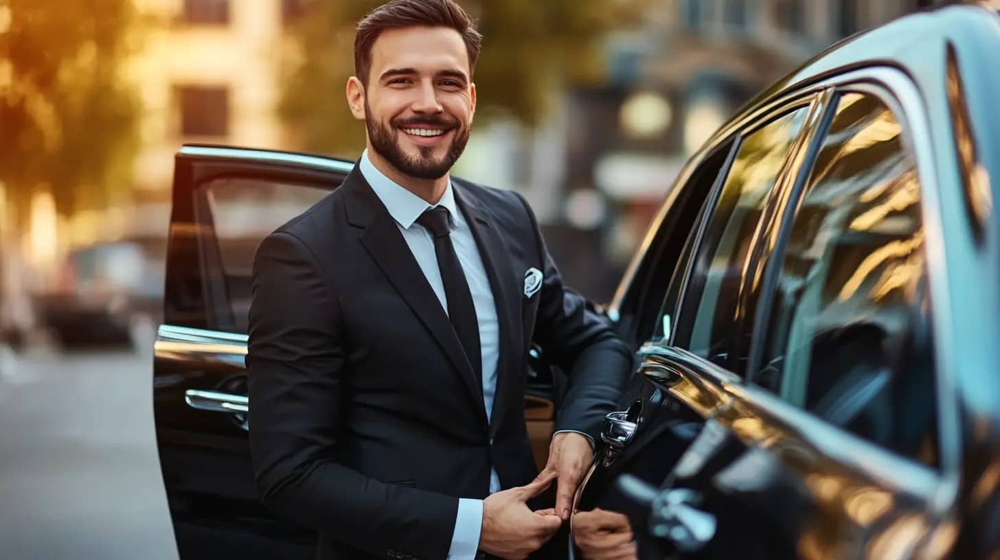 A man in a dark suit smiles warmly as he stands next to an open car door on a sunlit urban street. The background is slightly blurred, highlighting the city's ambiance and the man's professional appearance.