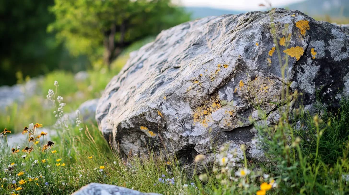A large weathered rock sits amidst a field of green grass and wildflowers. Yellow and orange lichens spot the rock's surface. In the background, a blurred tree and distant hills can be seen, suggesting a serene natural setting.