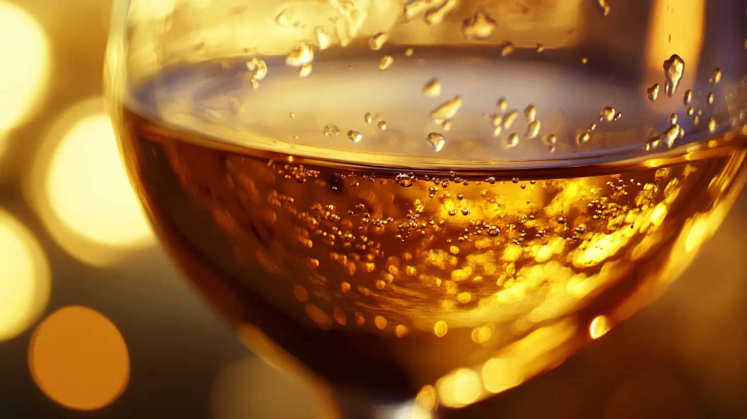 Close-up of a clear glass filled with a golden, bubbly liquid, possibly champagne or sparkling wine. The background is softly blurred with warm, glowing lights, creating a festive and inviting atmosphere.