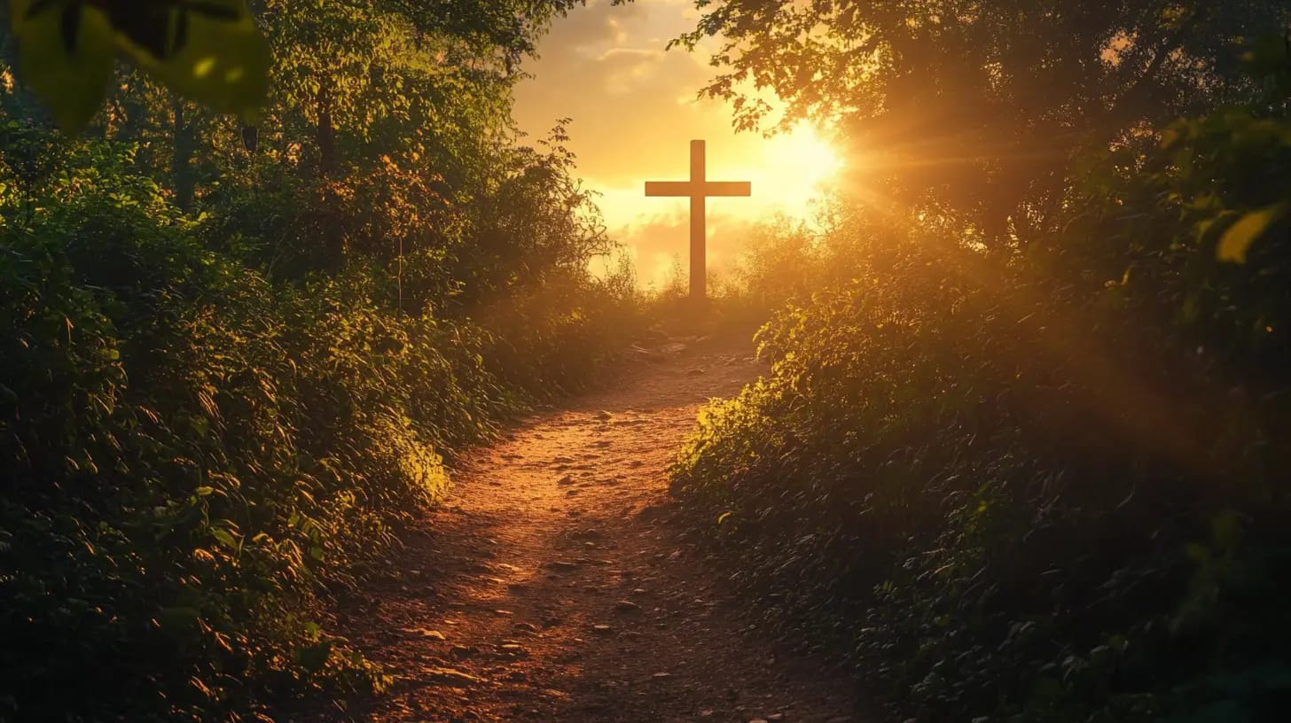 A narrow, sunlit dirt path surrounded by lush green foliage leads to a large, wooden cross at the end. The sun is setting or rising behind the cross, casting a warm, golden light throughout the scene.
