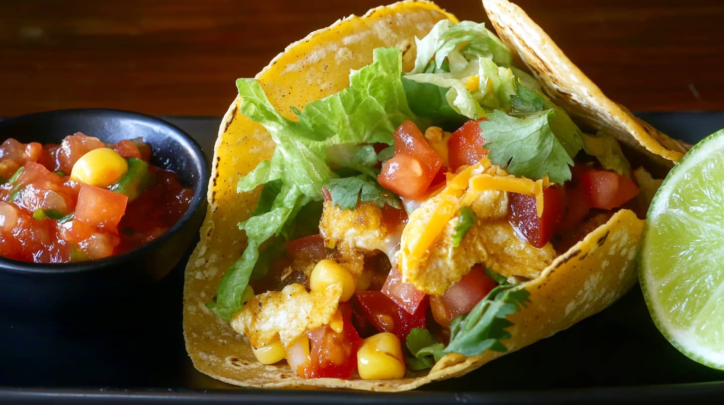 A close-up of a taco filled with lettuce, tomatoes, corn, cheese, and possibly chicken, served on a plate with a lime wedge. A small bowl of salsa with corn sits next to the taco. The background is dark, making the colors of the taco ingredients stand out vividly.