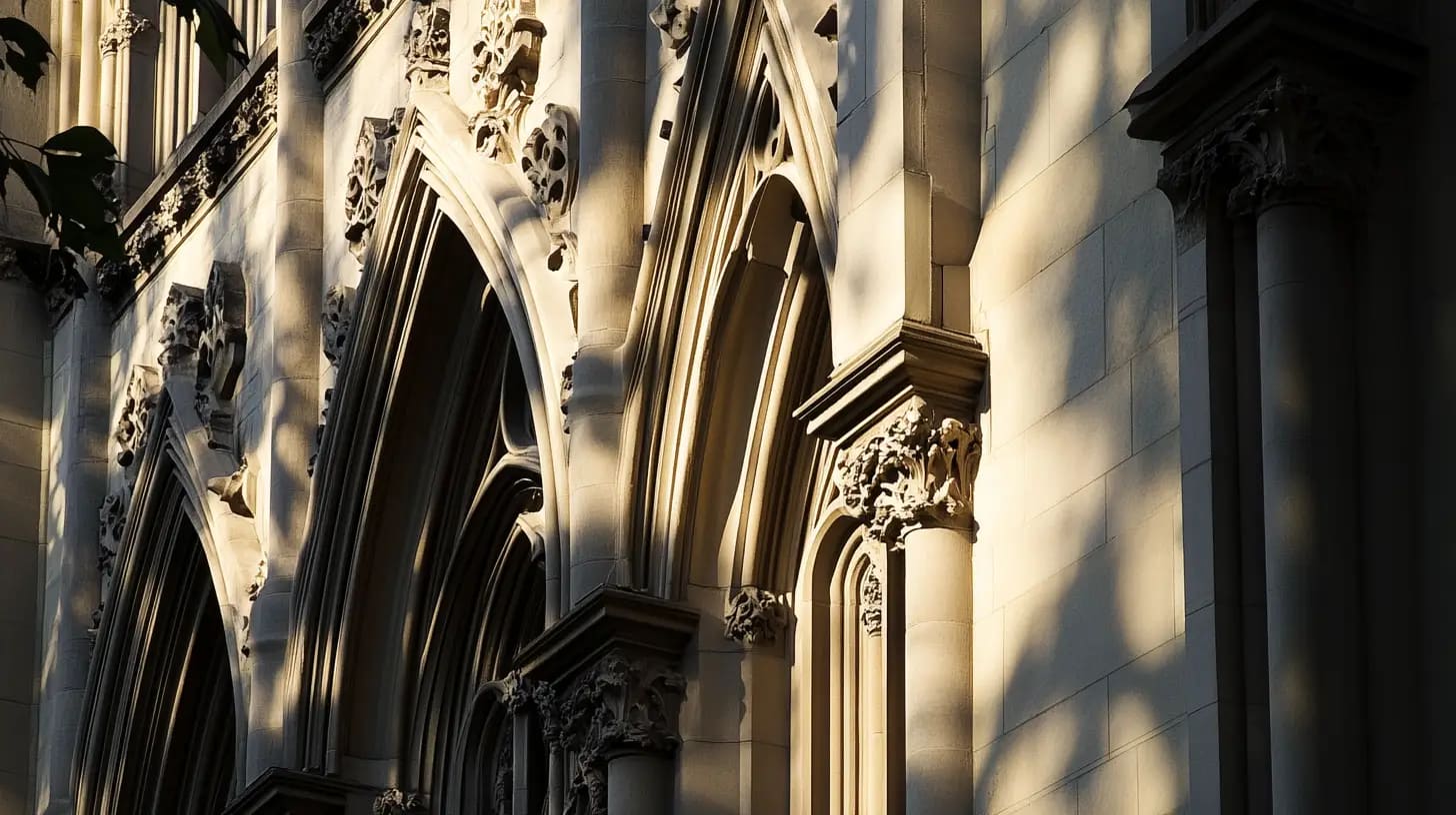 A close-up view of a neo-gothic building facade, showcasing intricate stone carvings, pointed arches, and ornate details. Sunlight casts soft shadows on the architectural features, highlighting the depth and craftsmanship of the design.
