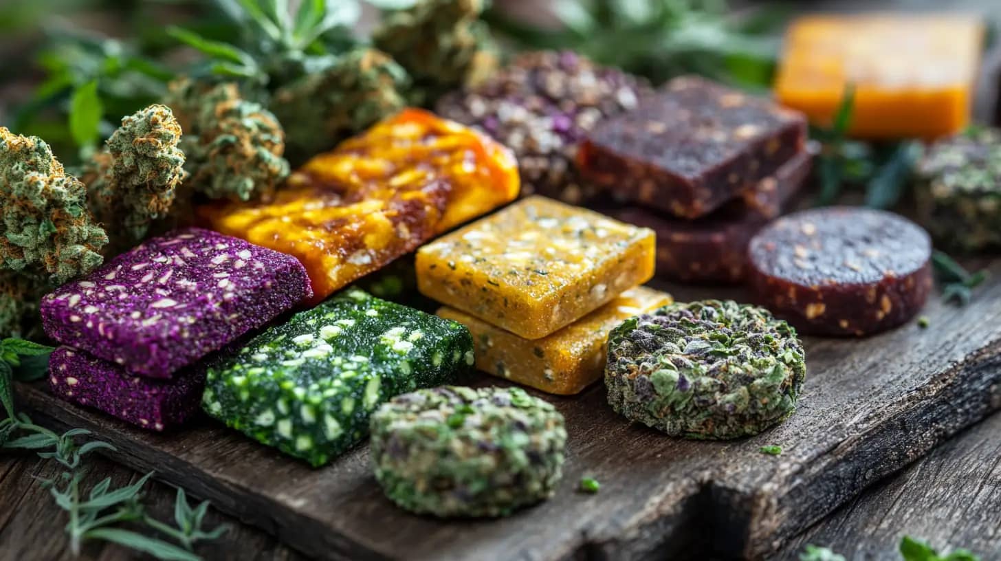 A wooden surface displays a variety of vibrantly colored, handcrafted cheese and herb blocks. Each piece showcases a unique combination of textures and patterns, complemented by fresh herbs and leafy greens, creating an artisanal and appetizing assortment.