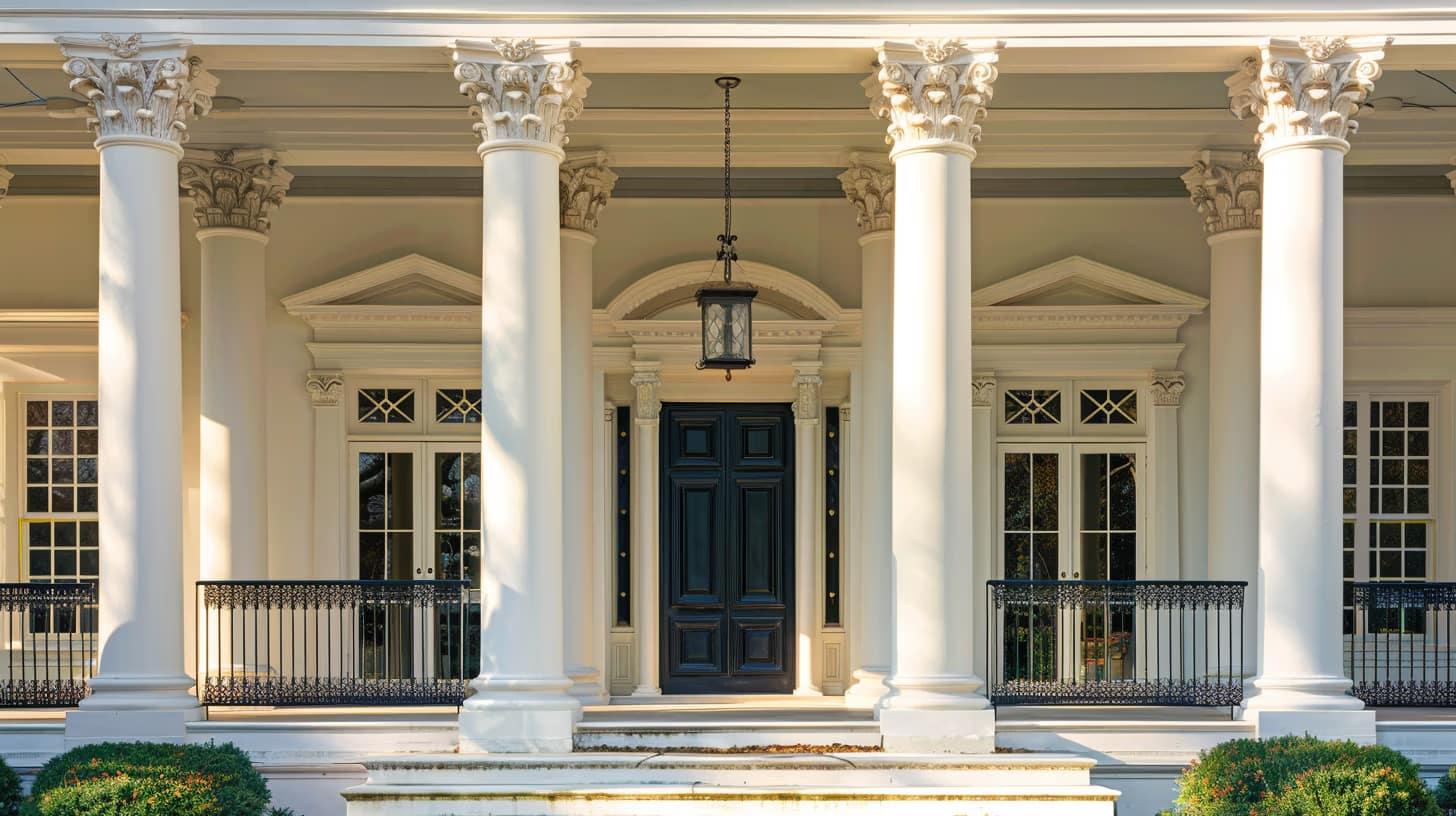 A grand, white-columned entrance to a stately mansion, featuring ornate architectural details. The black front door is flanked by large windows with decorative grilles and framed by majestic columns. A traditional lantern hangs above the entryway. Bushes line the pathway.