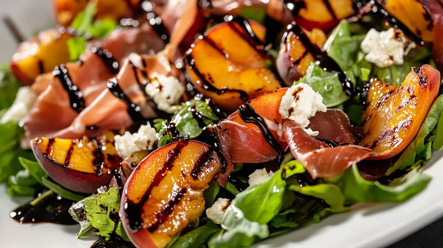 A close-up shot of a colorful salad featuring grilled peach slices, prosciutto, leafy greens, crumbled feta cheese, and a drizzle of balsamic glaze. The ingredients are arranged on a white plate, showcasing the vibrant textures and colors of the dish.