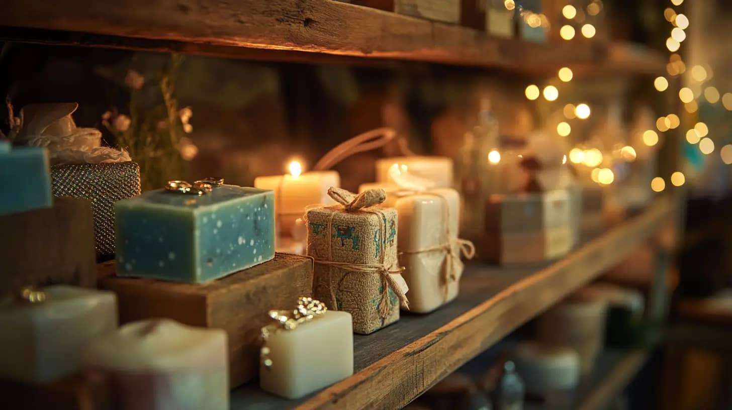 A cozy wooden shelf displays various decorative candles and wrapped gifts. The candles vary in shapes, sizes, and colors, some lit, creating a warm glow. Soft fairy lights hang around the shelf, enhancing the festive, inviting ambiance.