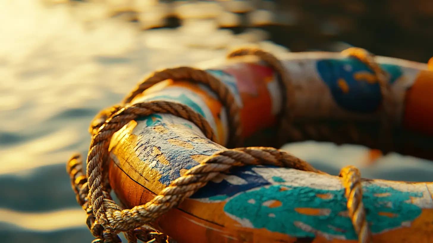 Close-up of a colorful, weathered lifebuoy wrapped in rough rope, positioned near a calm, reflective water surface, with warm sunlight casting a golden hue over the scene.