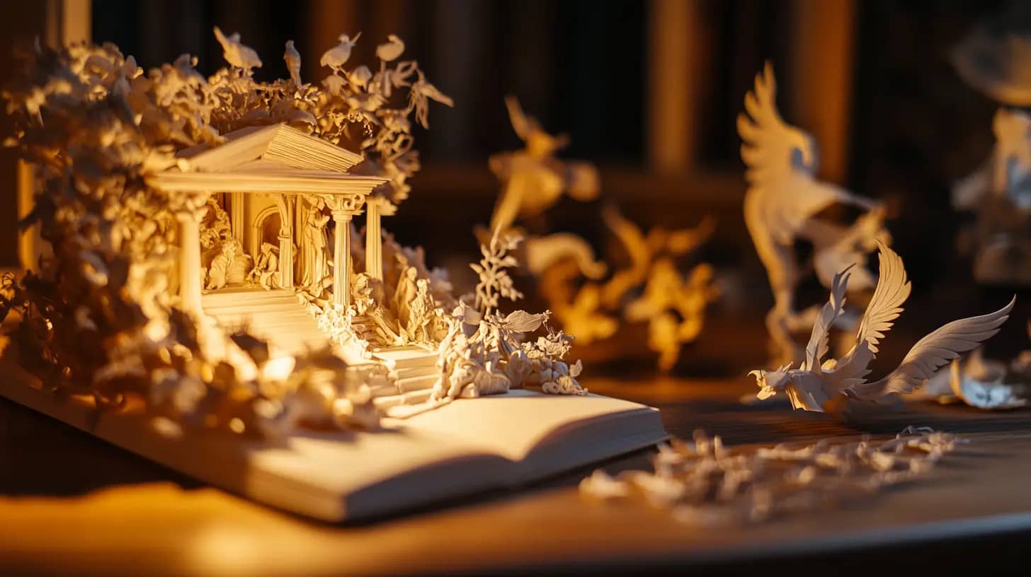 An intricate paper sculpture emerges from the pages of an open book. The scene depicts a classical Greek-style temple with detailed foliage, animals, and birds surrounding and flying around it, illuminated warmly against a dark, blurred background.