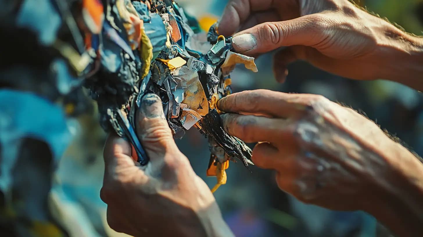 Close-up of an artist's hands manipulating pieces of colorful fabric or materials. The hands are detailed, with visible veins and some paint stains, suggesting a creative process, possibly sculpting or assembling an art piece. The background is blurred.