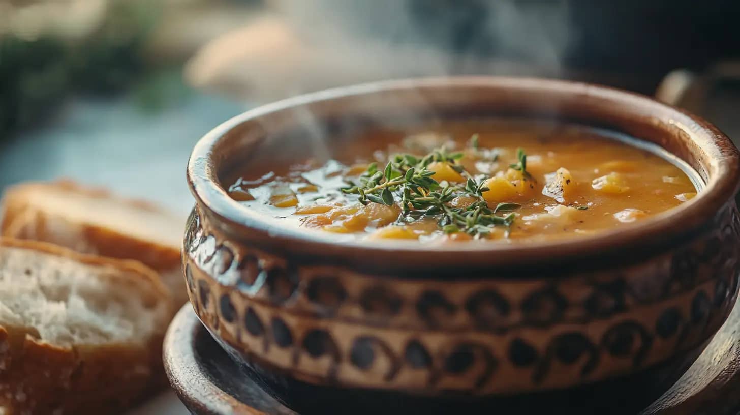 A steaming bowl of hearty soup filled with vegetables and garnished with fresh herbs. The soup is served in a rustic, patterned bowl placed on a wooden surface, with slices of bread in the background.