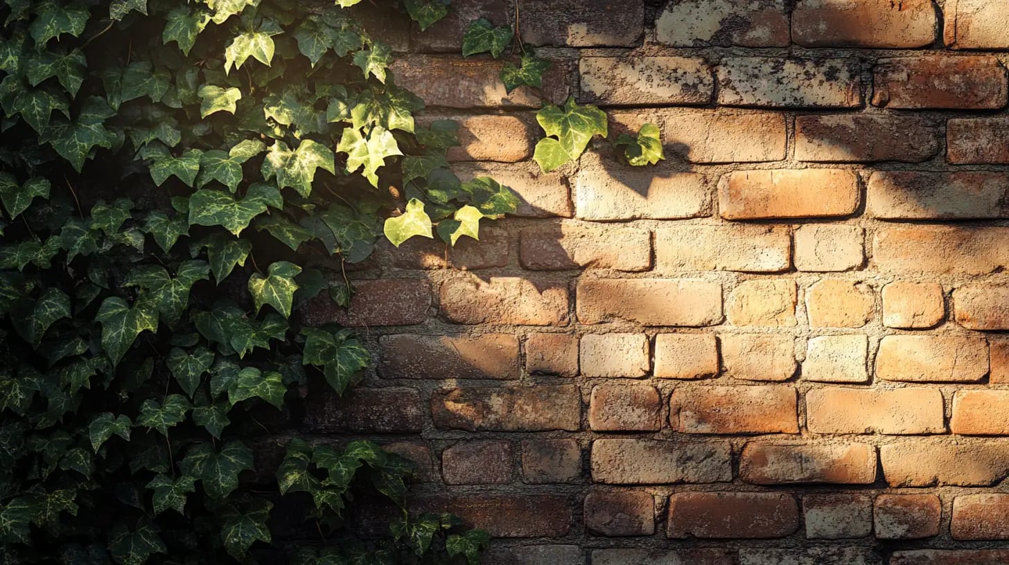 A sunlit brick wall partially covered with green ivy. The light casts shadows of the leaves onto the bricks, creating a contrast between the textured red and brown bricks and the vibrant green leaves.