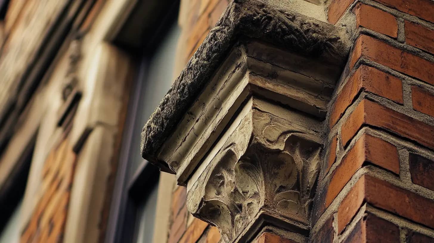 Close-up of an ornate stone corbel set in a red brick wall, supporting a window ledge. The corbel features intricate leaf designs, and the brick wall shows detailed mortar lines. The window, partially visible, has a dark frame.